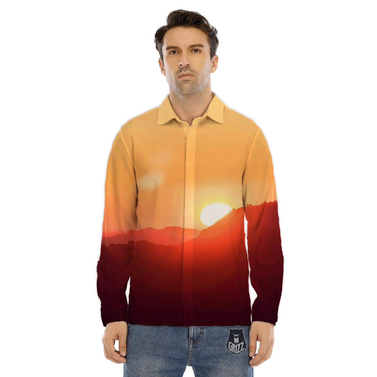 Mountain Sunrise Print Men's Dress Shirts-grizzshop