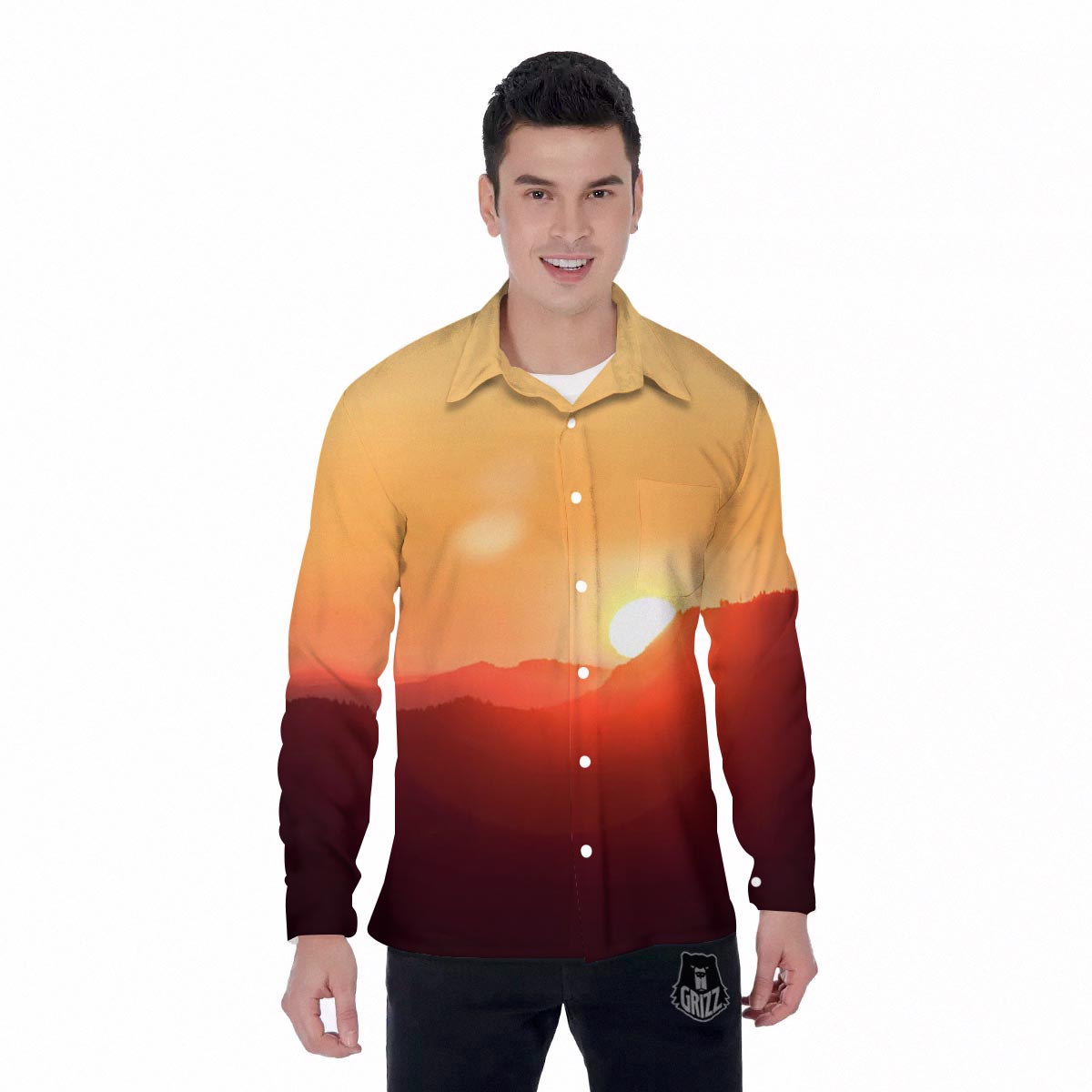 Mountain Sunrise Print Men's Long Sleeve Shirts-grizzshop