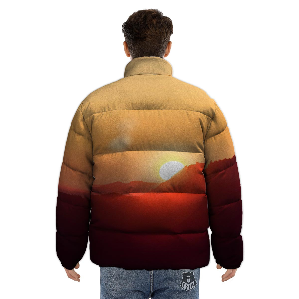 Mountain Sunrise Print Puffer Jacket-grizzshop