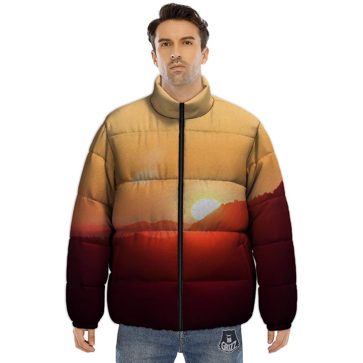 Mountain Sunrise Print Puffer Jacket-grizzshop