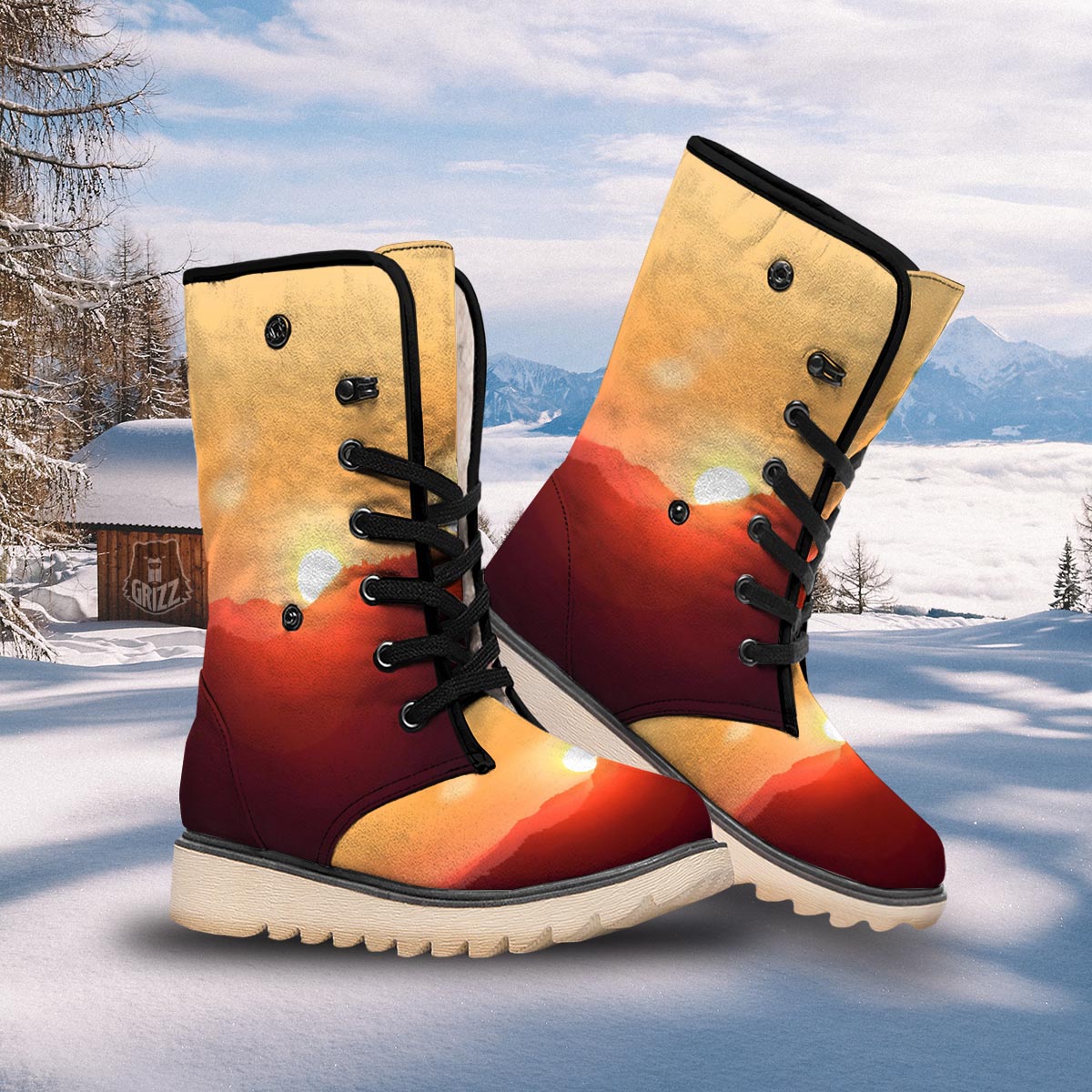 Mountain Sunrise Print Snow Boots-grizzshop