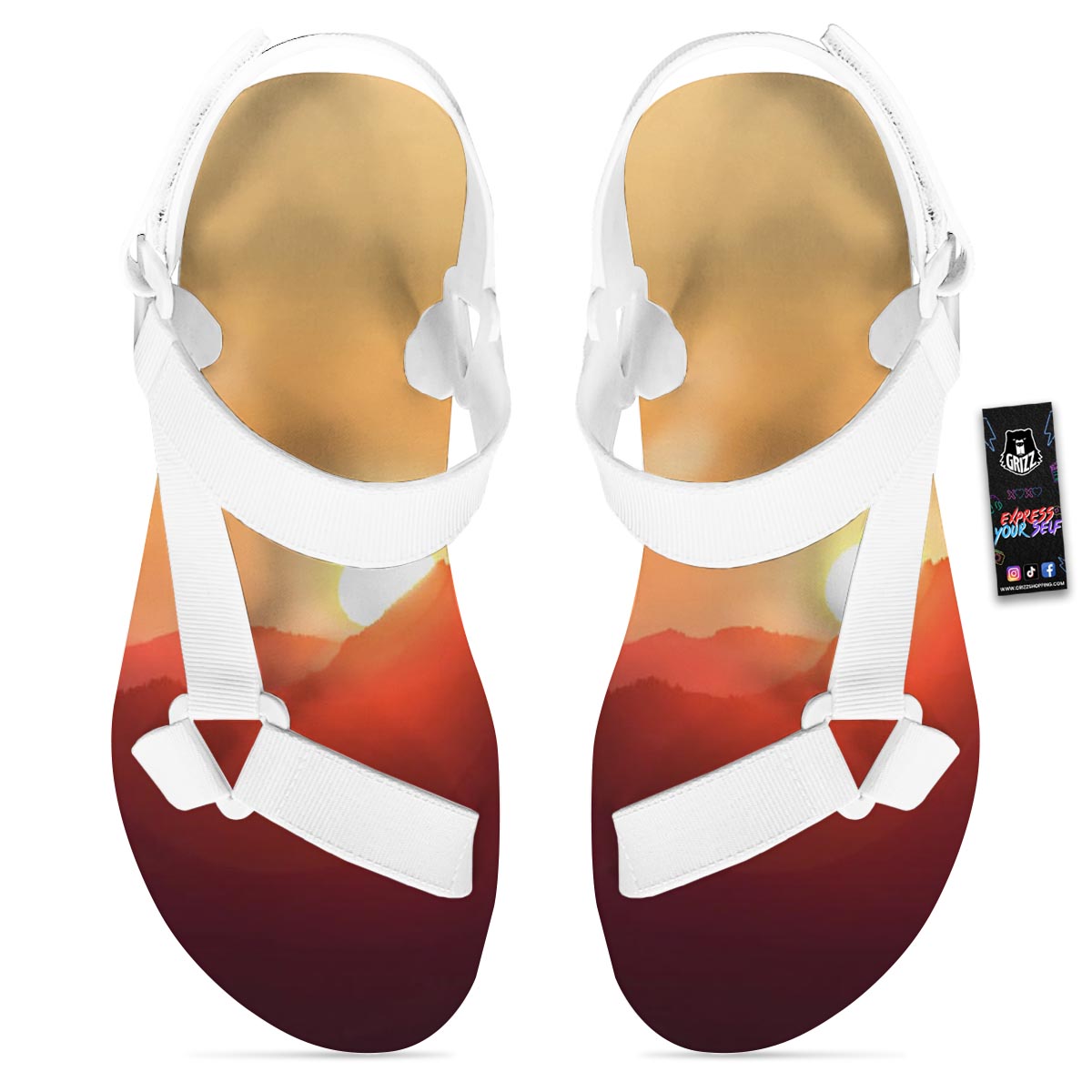 Mountain Sunrise Print White Open Toe Sandals-grizzshop
