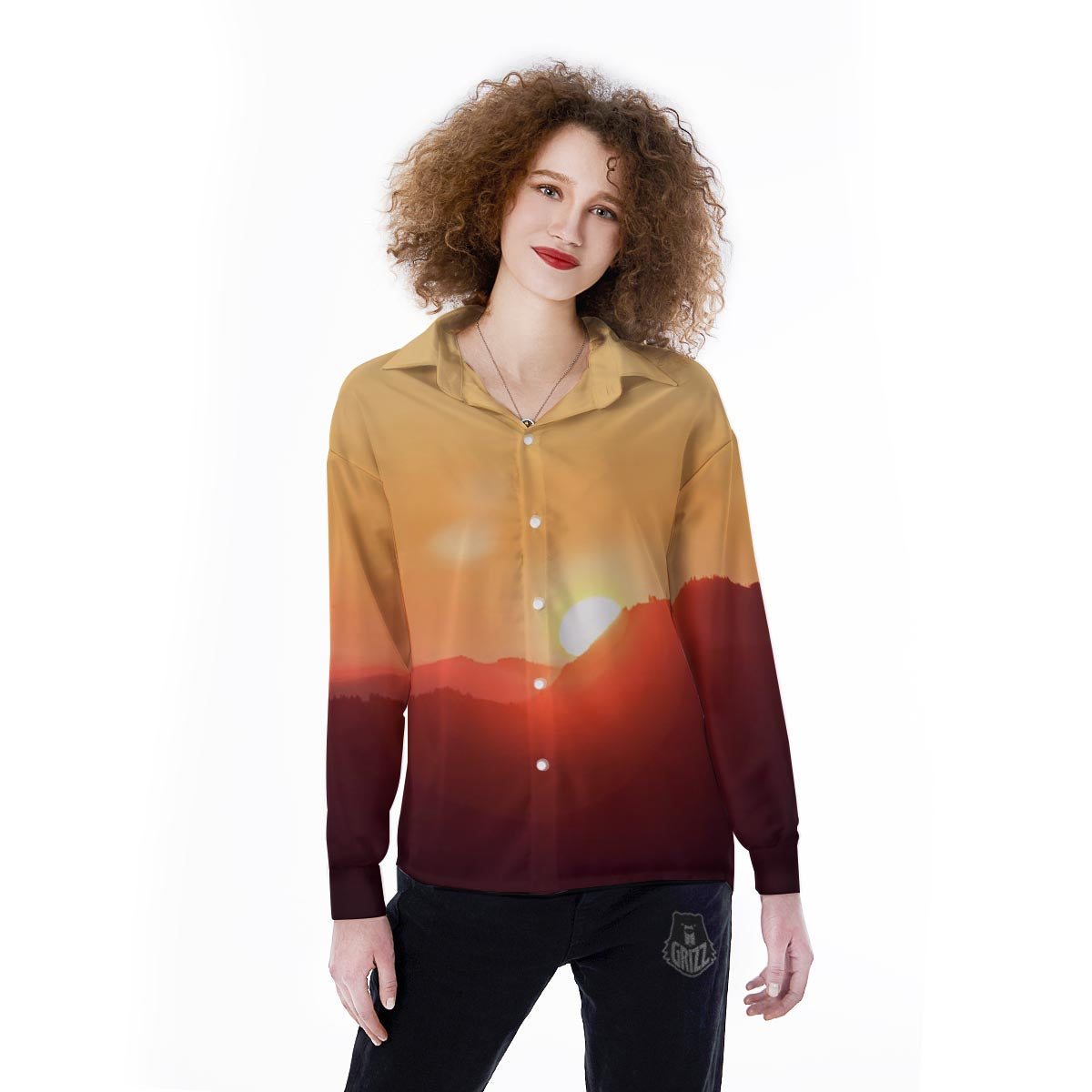 Mountain Sunrise Print Women's Long Sleeve Shirts-grizzshop