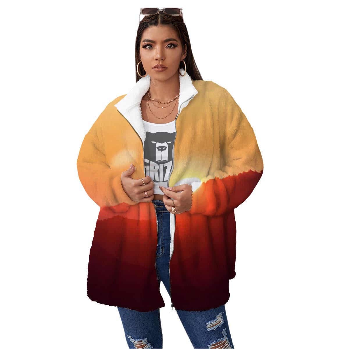 Mountain Sunrise Print Women's Sherpa Jacket-grizzshop
