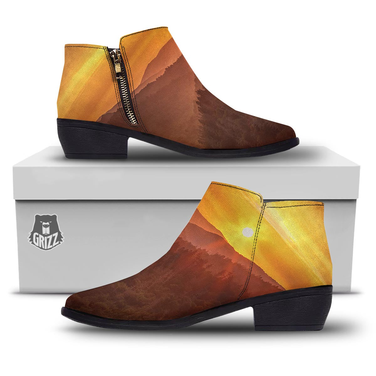 Mountain Sunset Print Ankle Boots-grizzshop