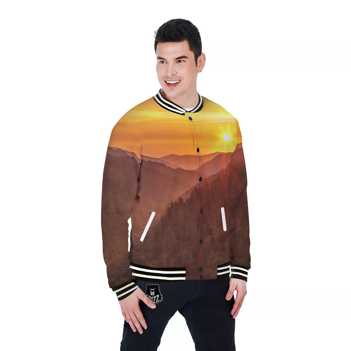 Mountain Sunset Print Baseball Jacket-grizzshop
