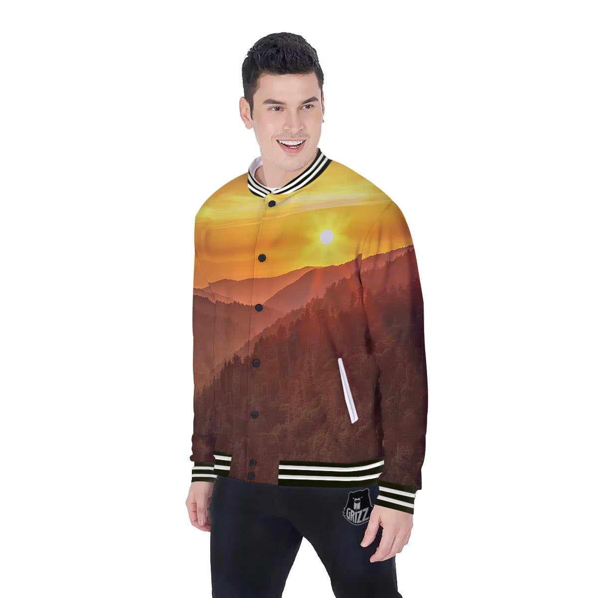 Mountain Sunset Print Baseball Jacket-grizzshop