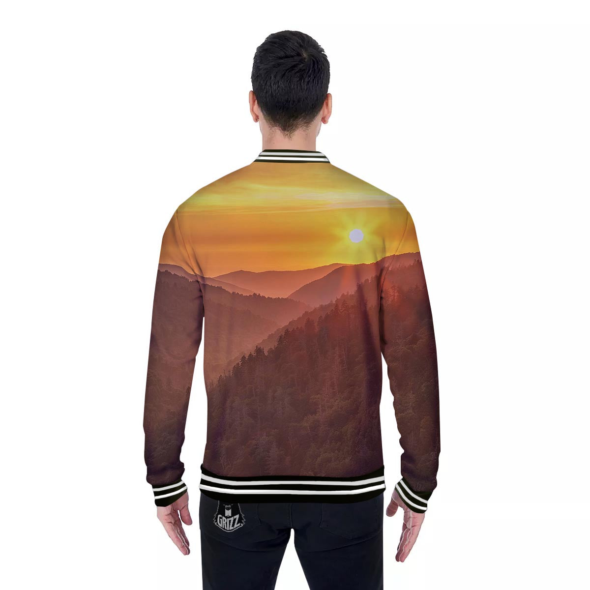 Mountain Sunset Print Baseball Jacket-grizzshop