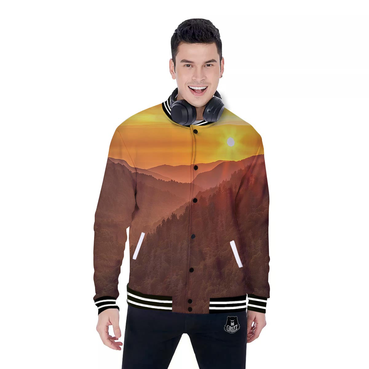 Mountain Sunset Print Baseball Jacket-grizzshop