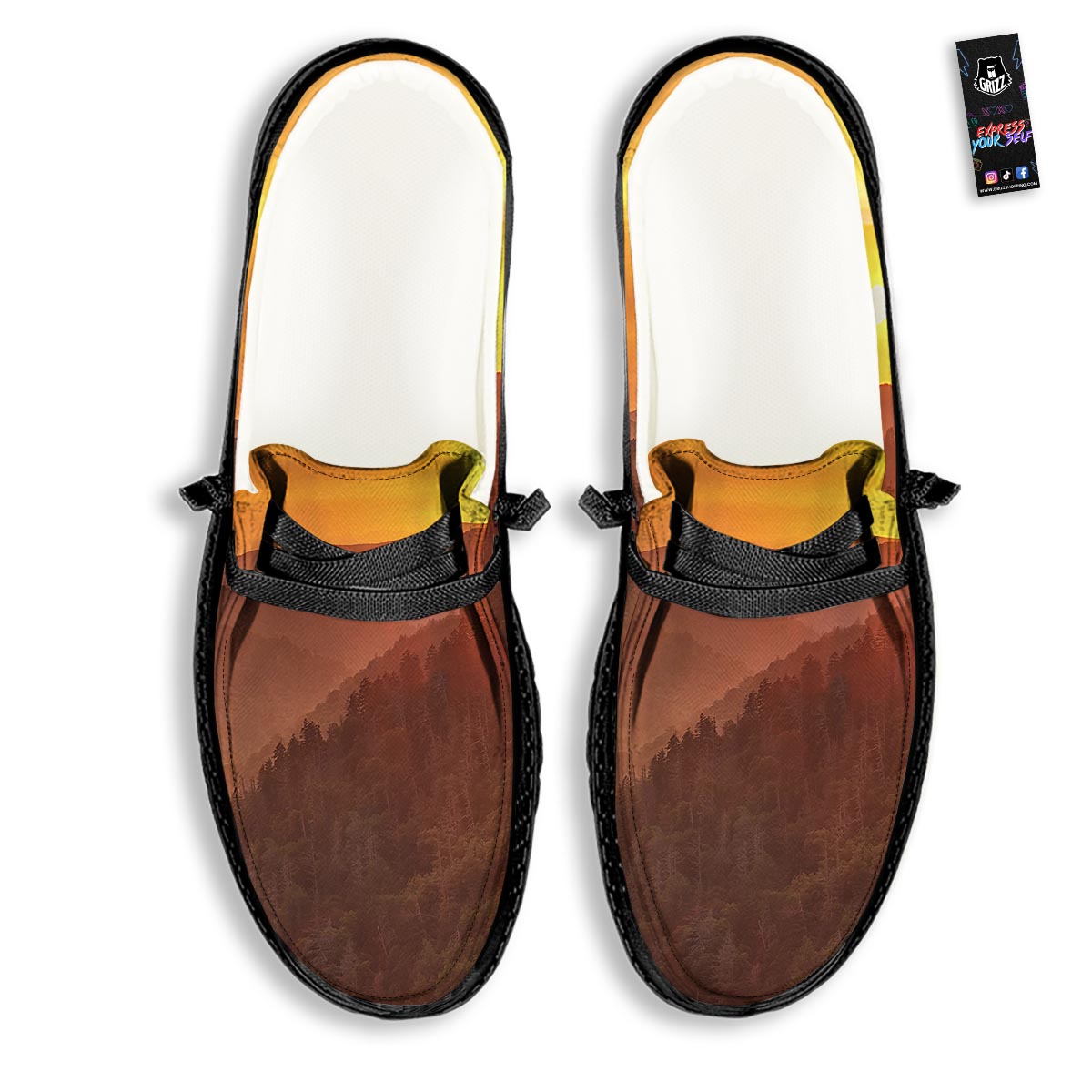 Mountain Sunset Print Black Loafers-grizzshop