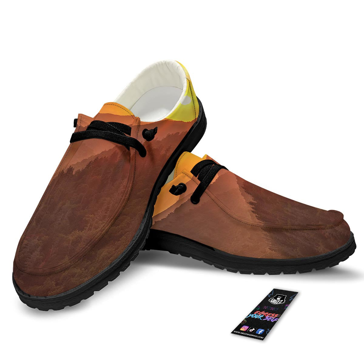 Mountain Sunset Print Black Loafers-grizzshop
