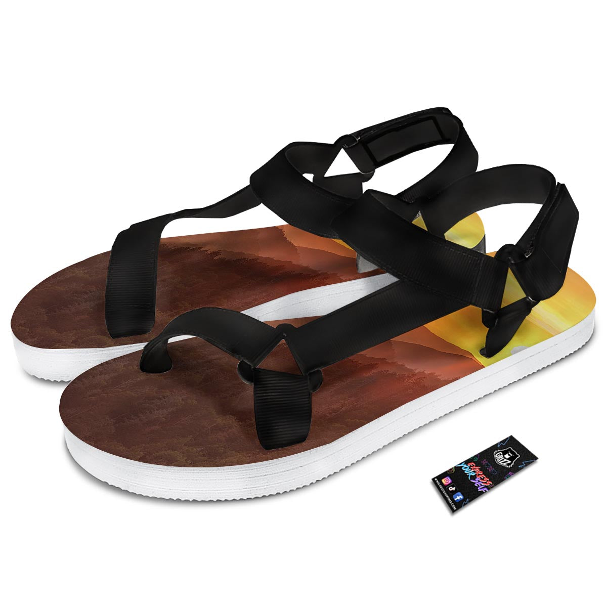 Mountain Sunset Print Black Open Toe Sandals-grizzshop