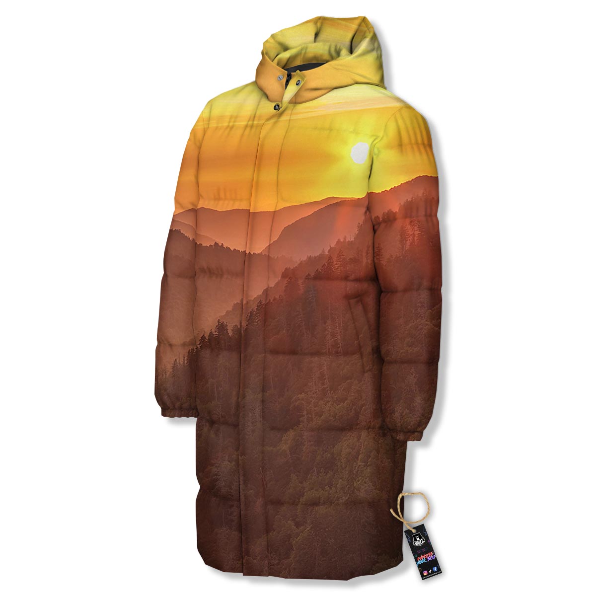Mountain Sunset Print Long Down Jacket-grizzshop