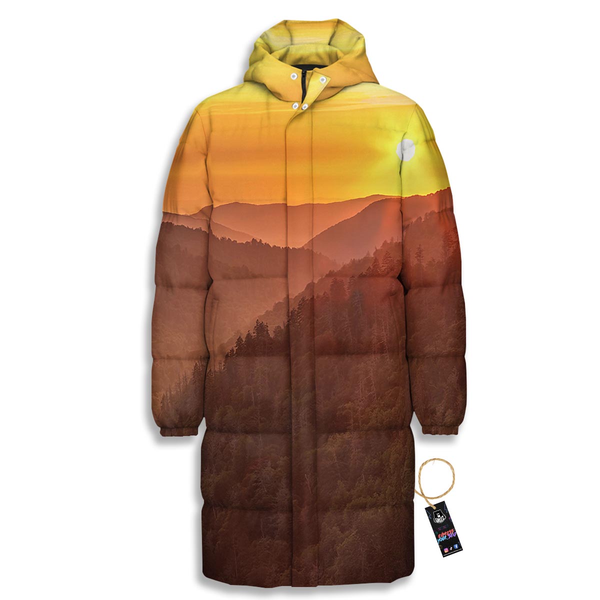 Mountain Sunset Print Long Down Jacket-grizzshop