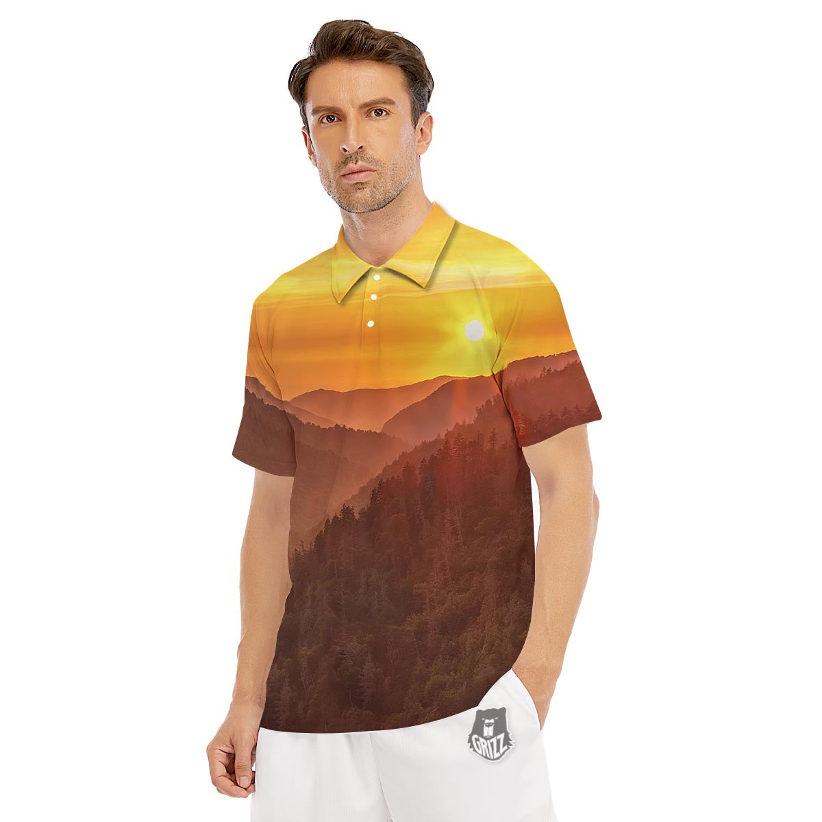 Mountain Sunset Print Men's Golf Shirts-grizzshop