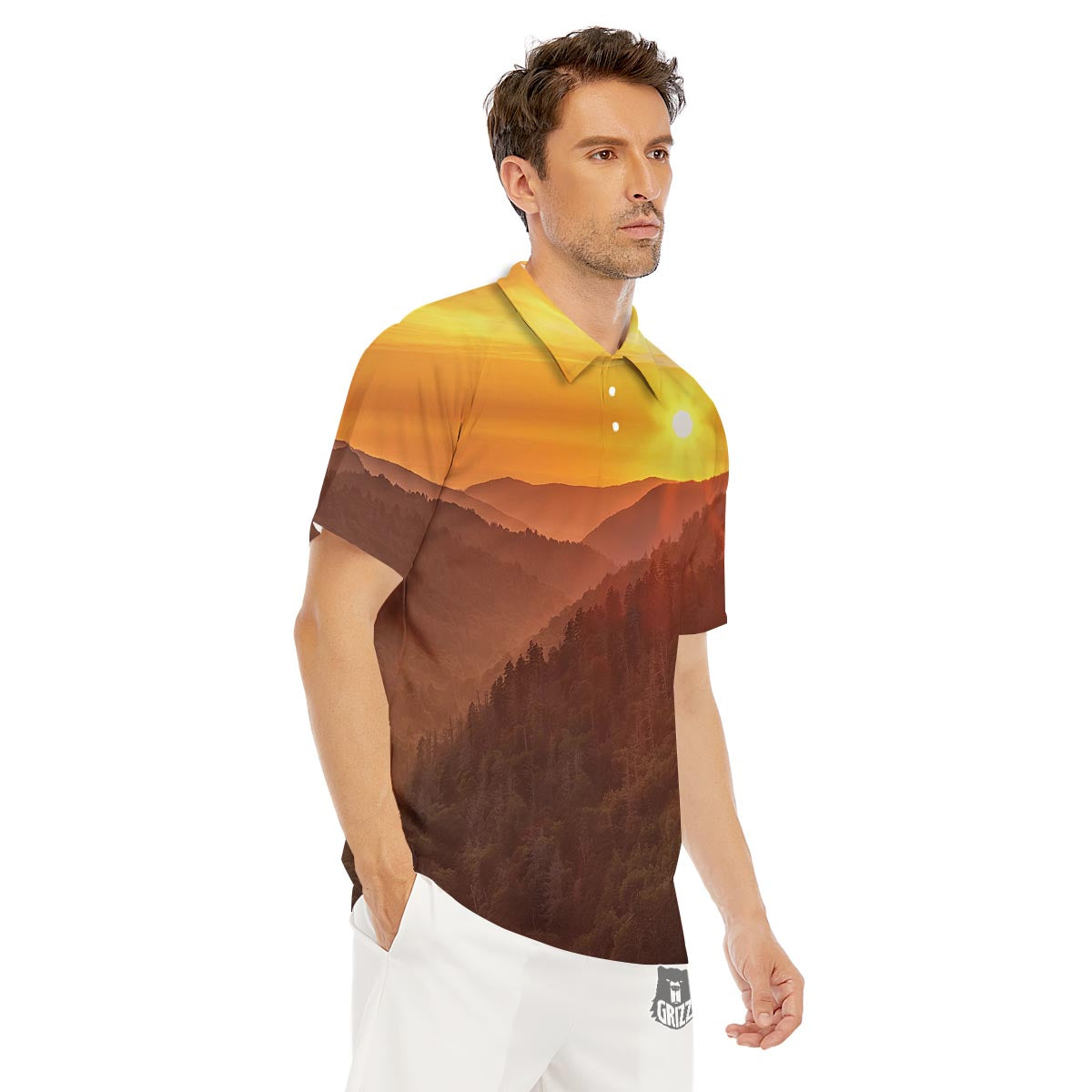 Mountain Sunset Print Men's Golf Shirts-grizzshop
