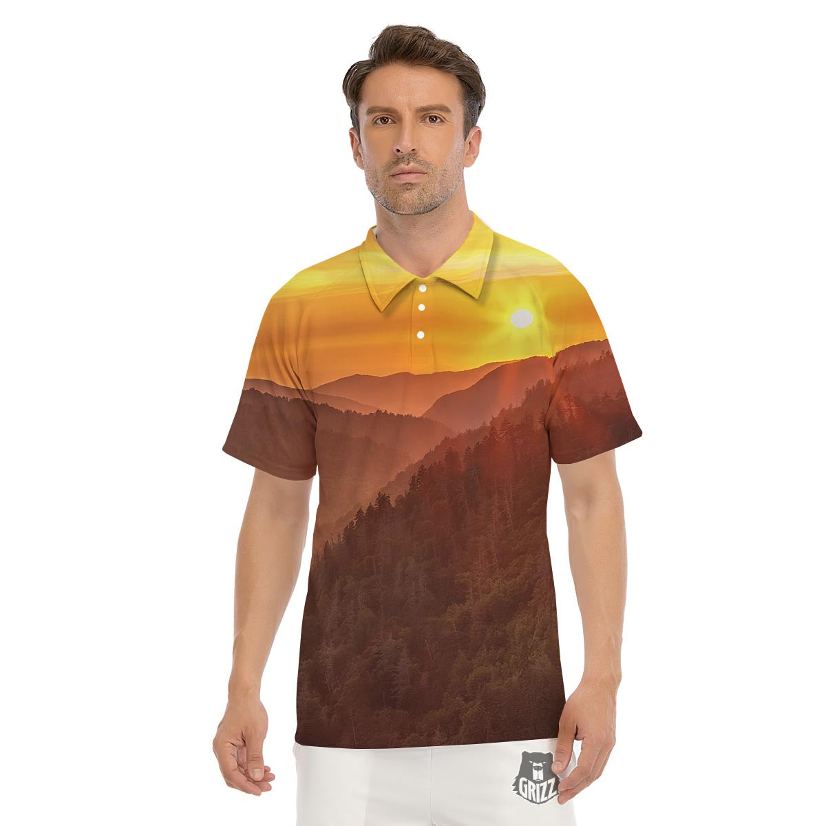 Mountain Sunset Print Men's Golf Shirts-grizzshop