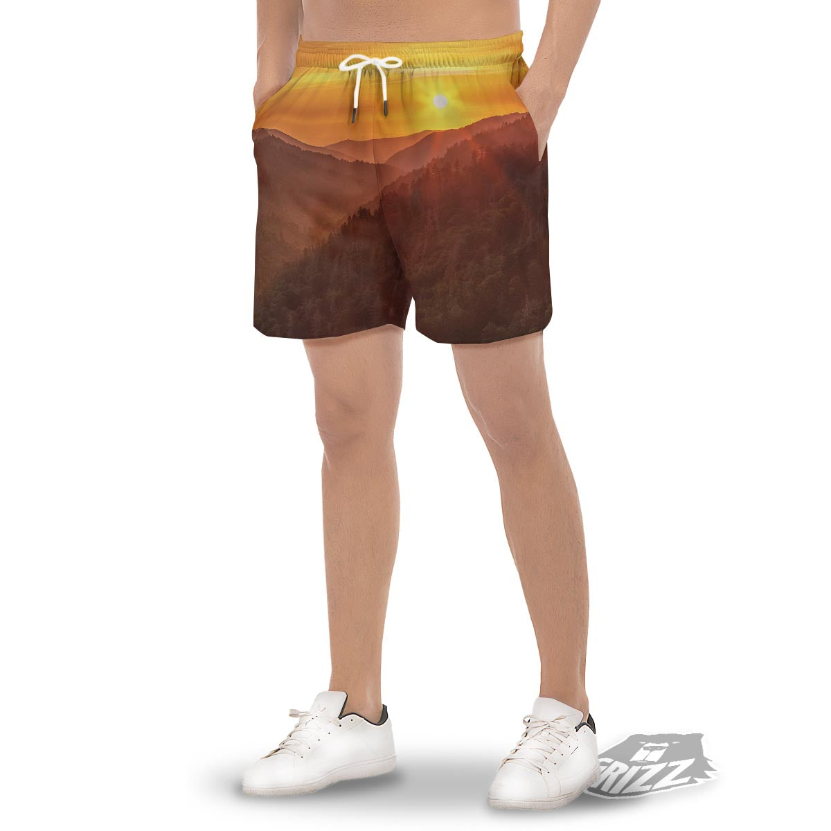 Mountain Sunset Print Men's Gym Shorts-grizzshop