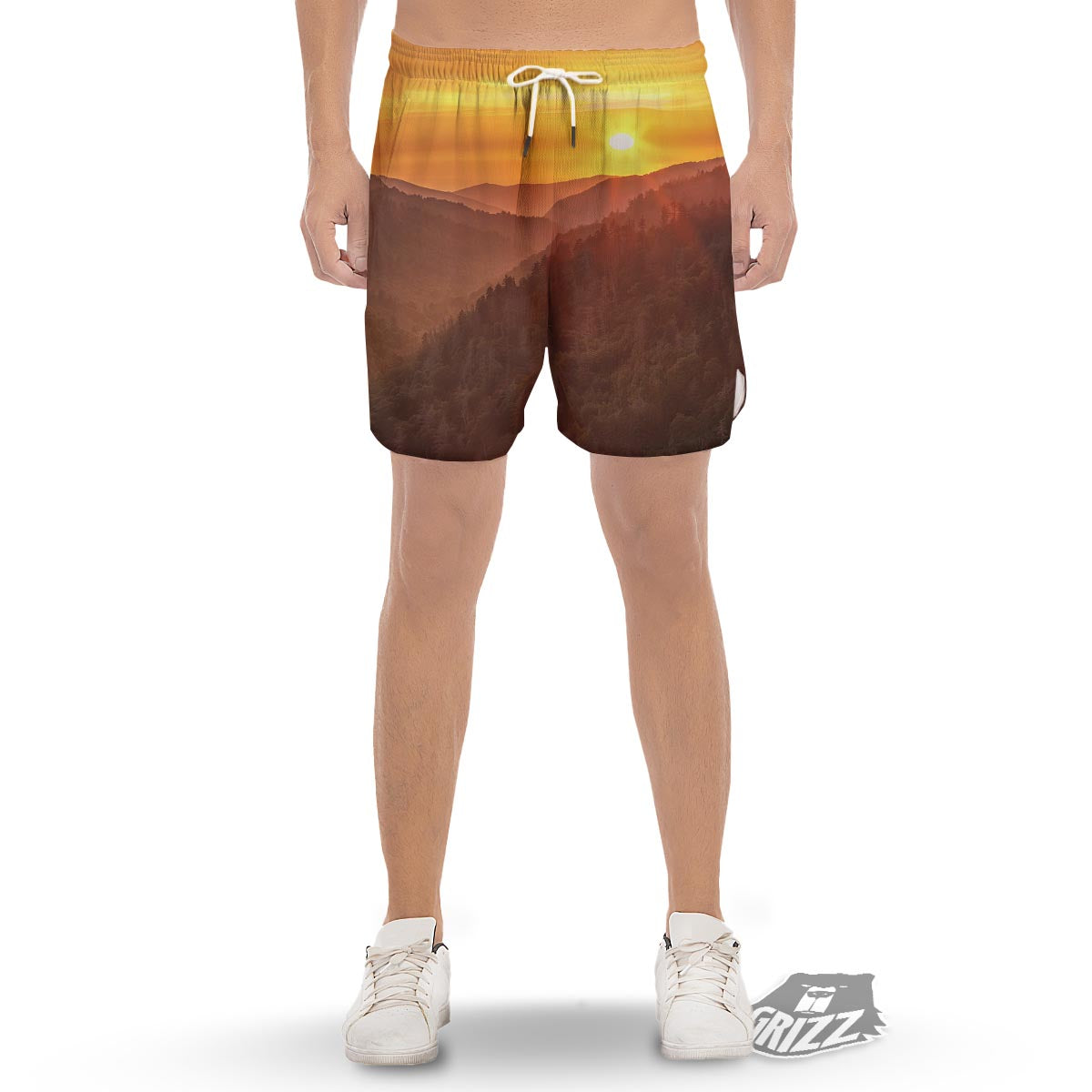 Mountain Sunset Print Men's Gym Shorts-grizzshop