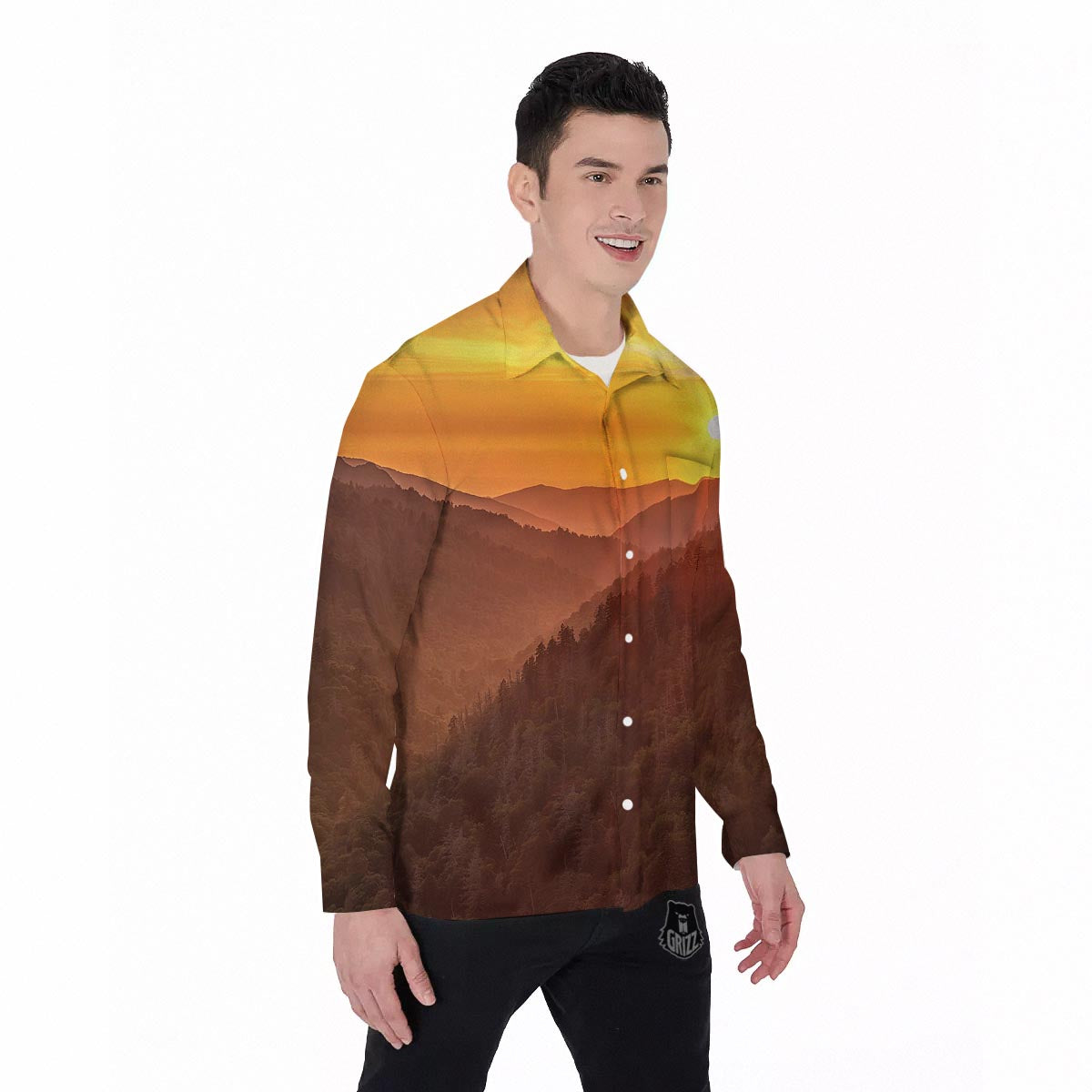 Mountain Sunset Print Men's Long Sleeve Shirts-grizzshop