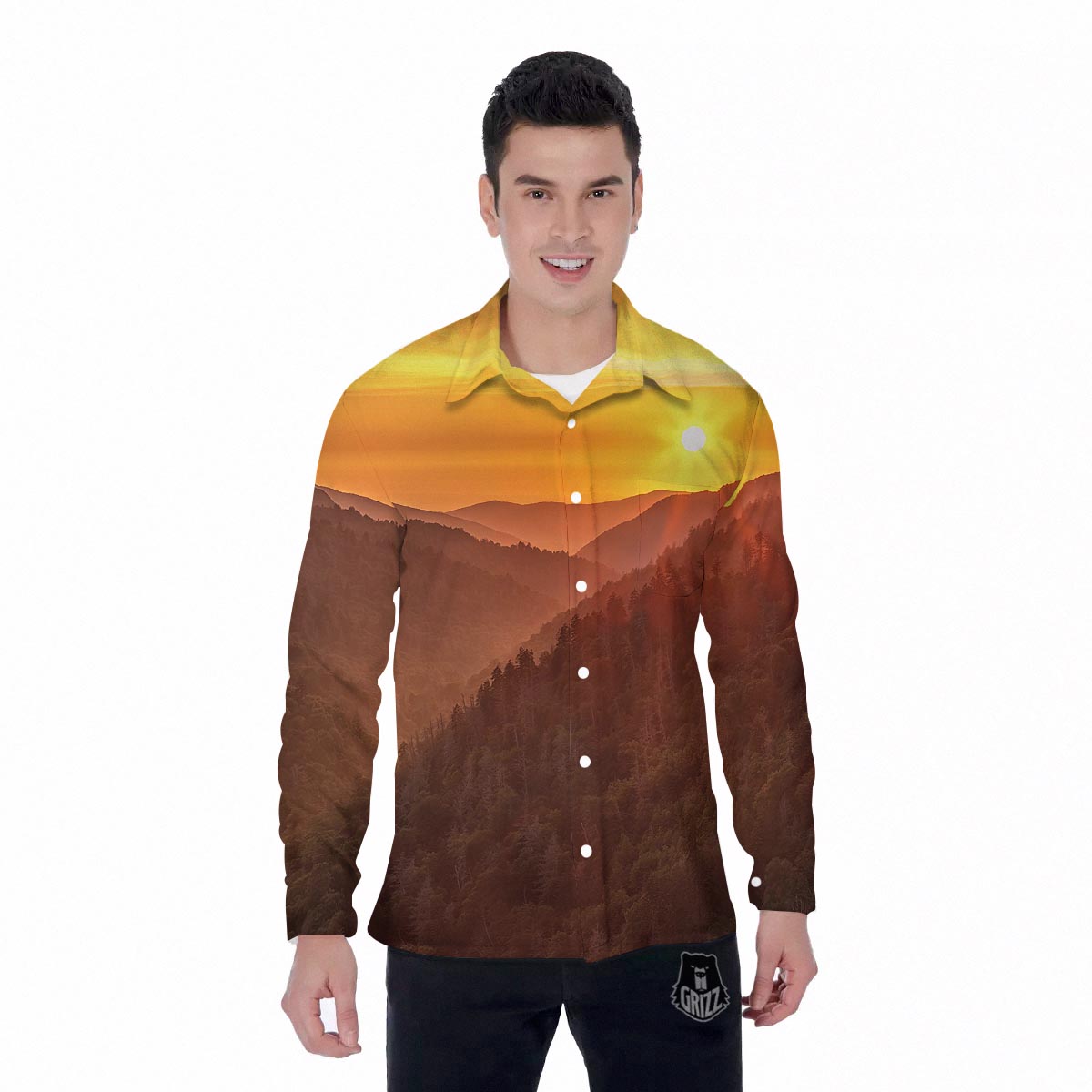 Mountain Sunset Print Men's Long Sleeve Shirts-grizzshop