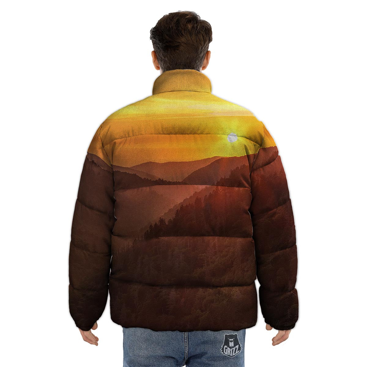 Mountain Sunset Print Puffer Jacket-grizzshop