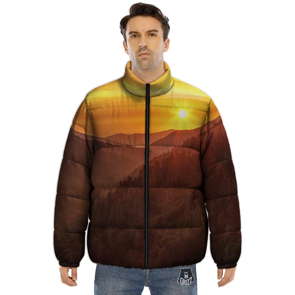 Mountain Sunset Print Puffer Jacket-grizzshop