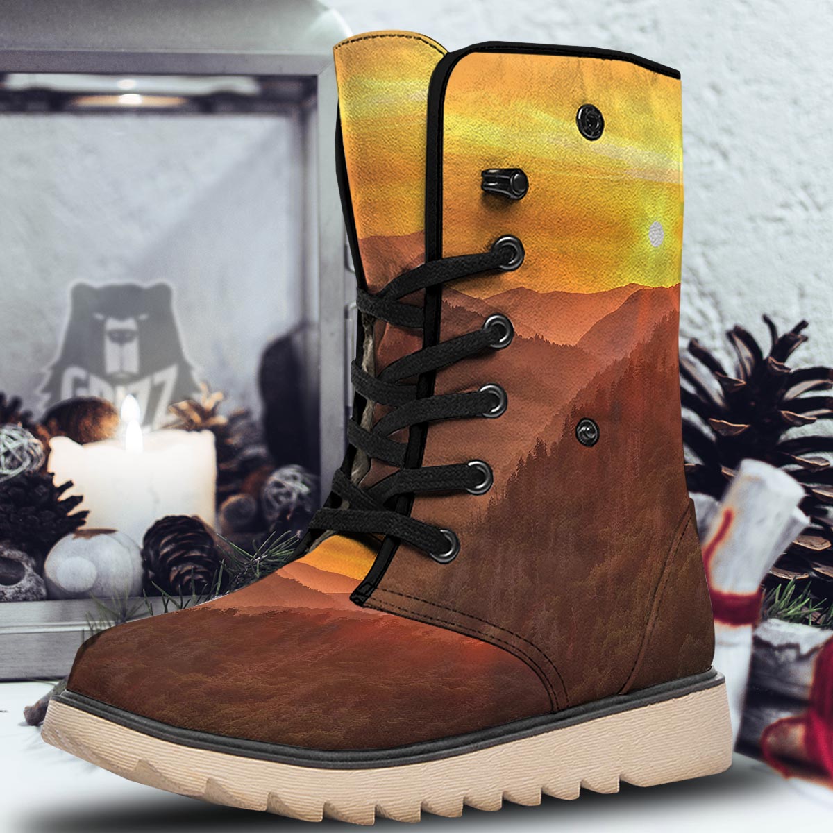Mountain Sunset Print Snow Boots-grizzshop