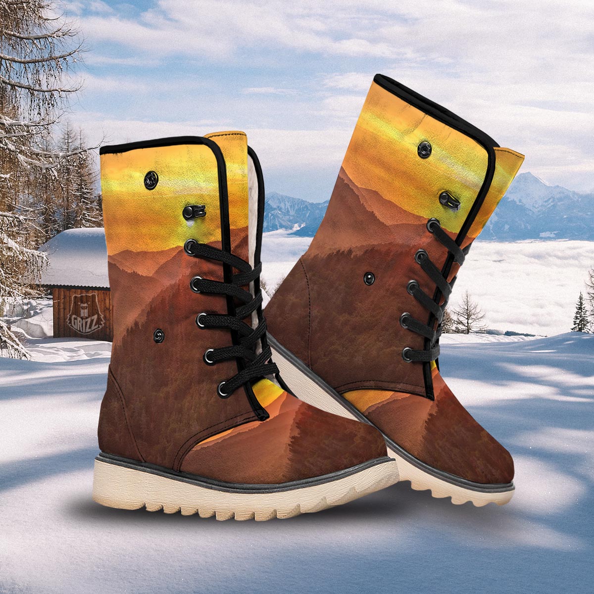 Mountain Sunset Print Snow Boots-grizzshop