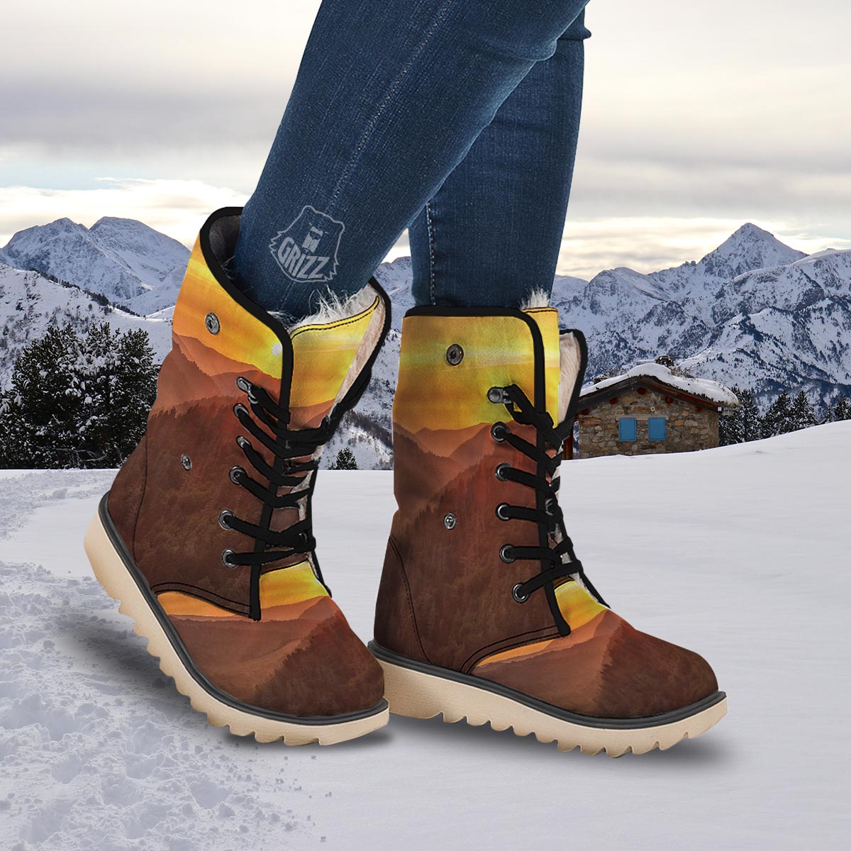 Mountain Sunset Print Snow Boots-grizzshop