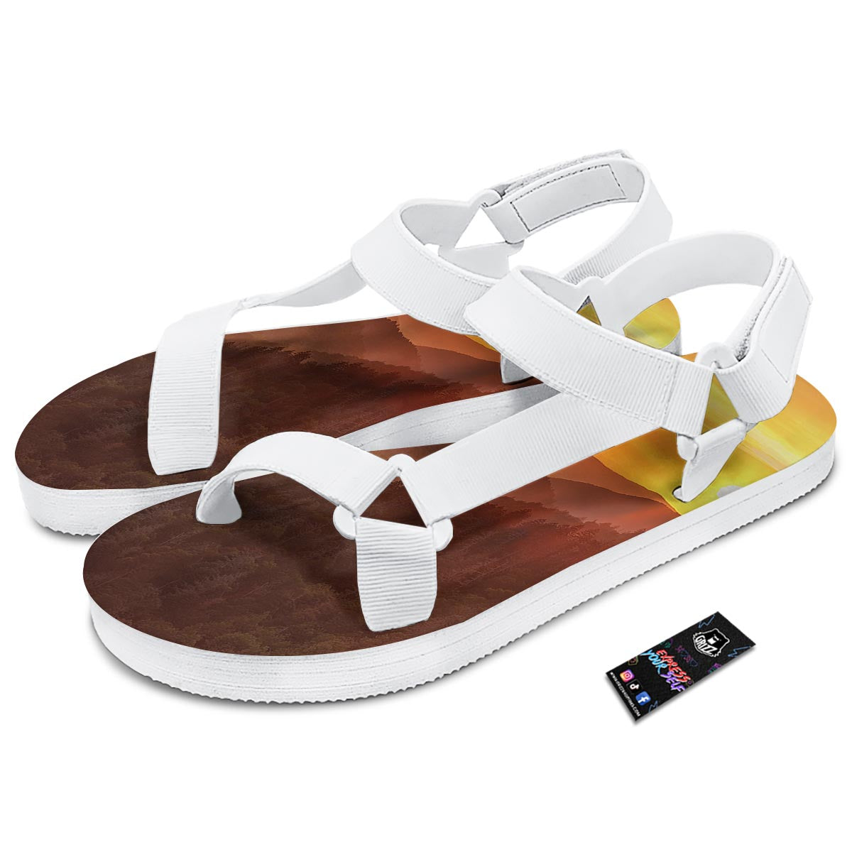Mountain Sunset Print White Open Toe Sandals-grizzshop
