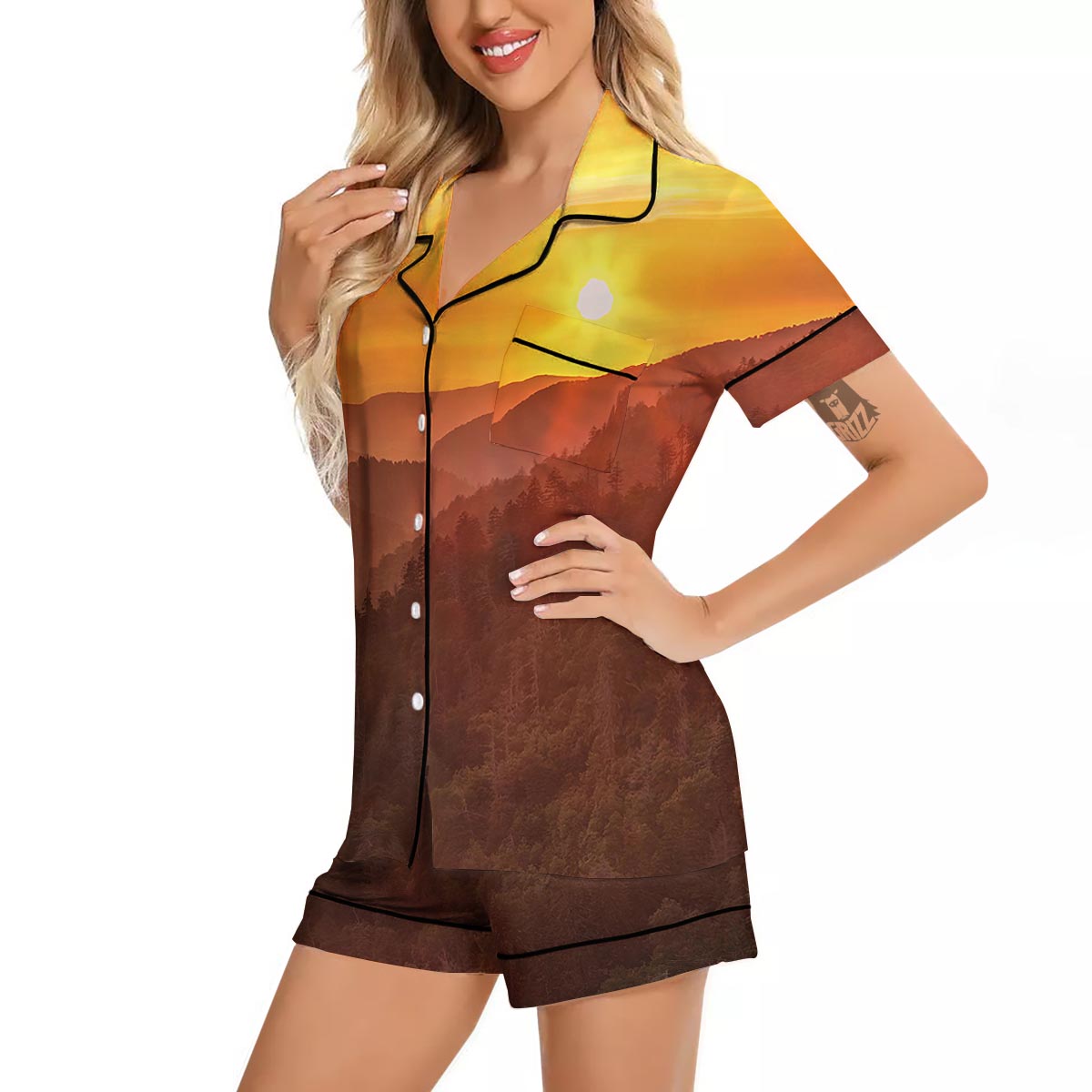 Mountain Sunset Print Women Silk Pajamas-grizzshop