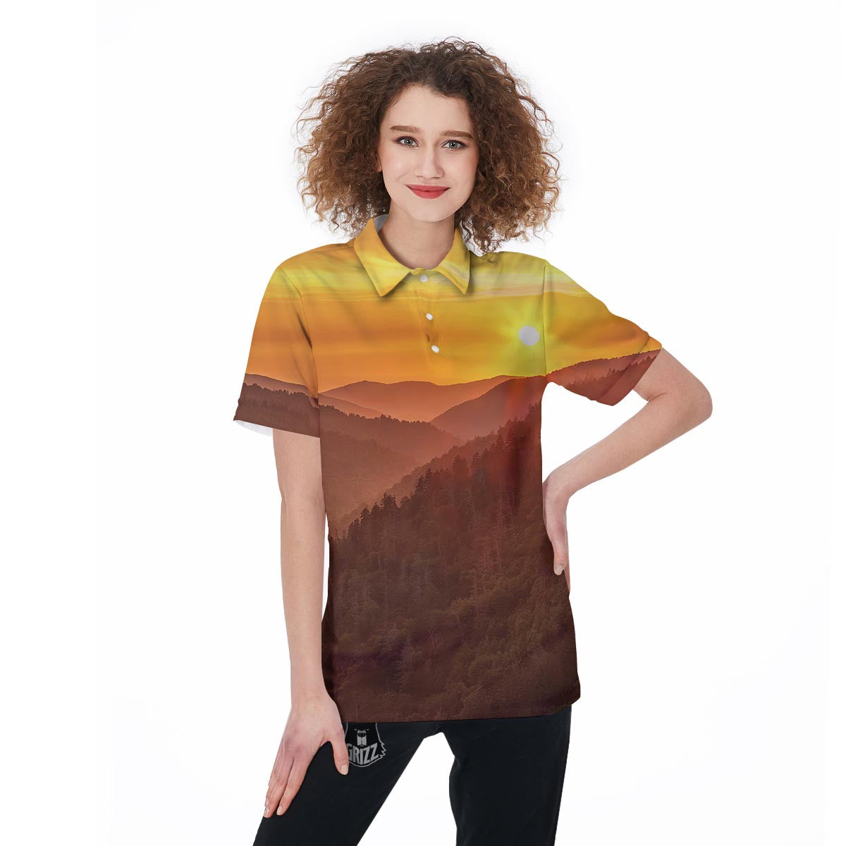 Mountain Sunset Print Women's Golf Shirts-grizzshop