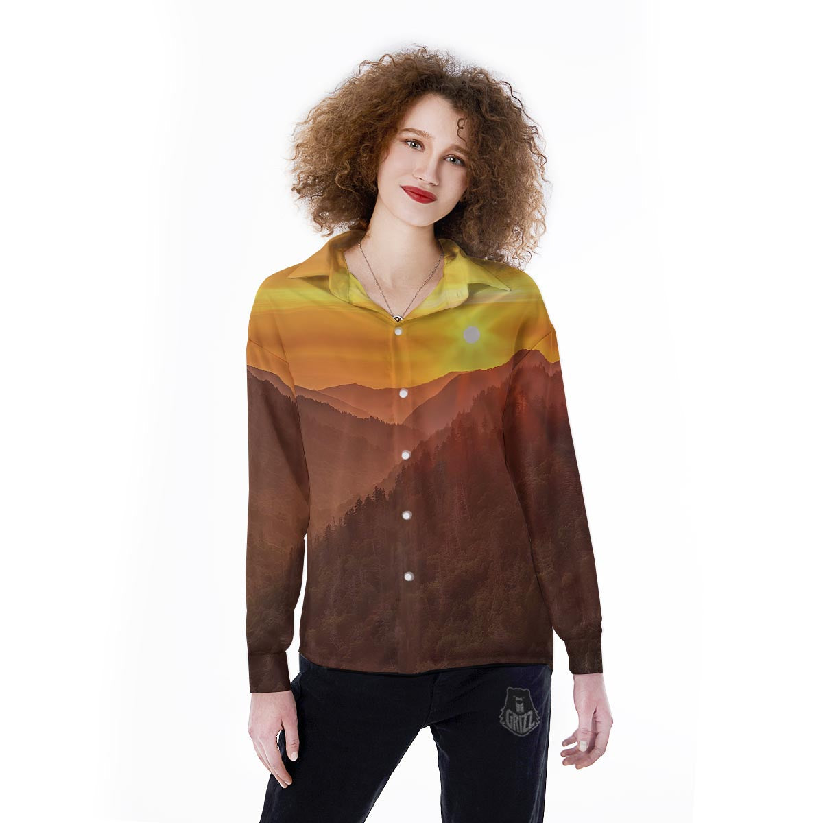 Mountain Sunset Print Women's Long Sleeve Shirts-grizzshop