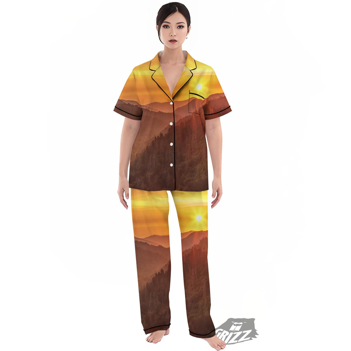 Mountain Sunset Print Women's Pajamas Set-grizzshop