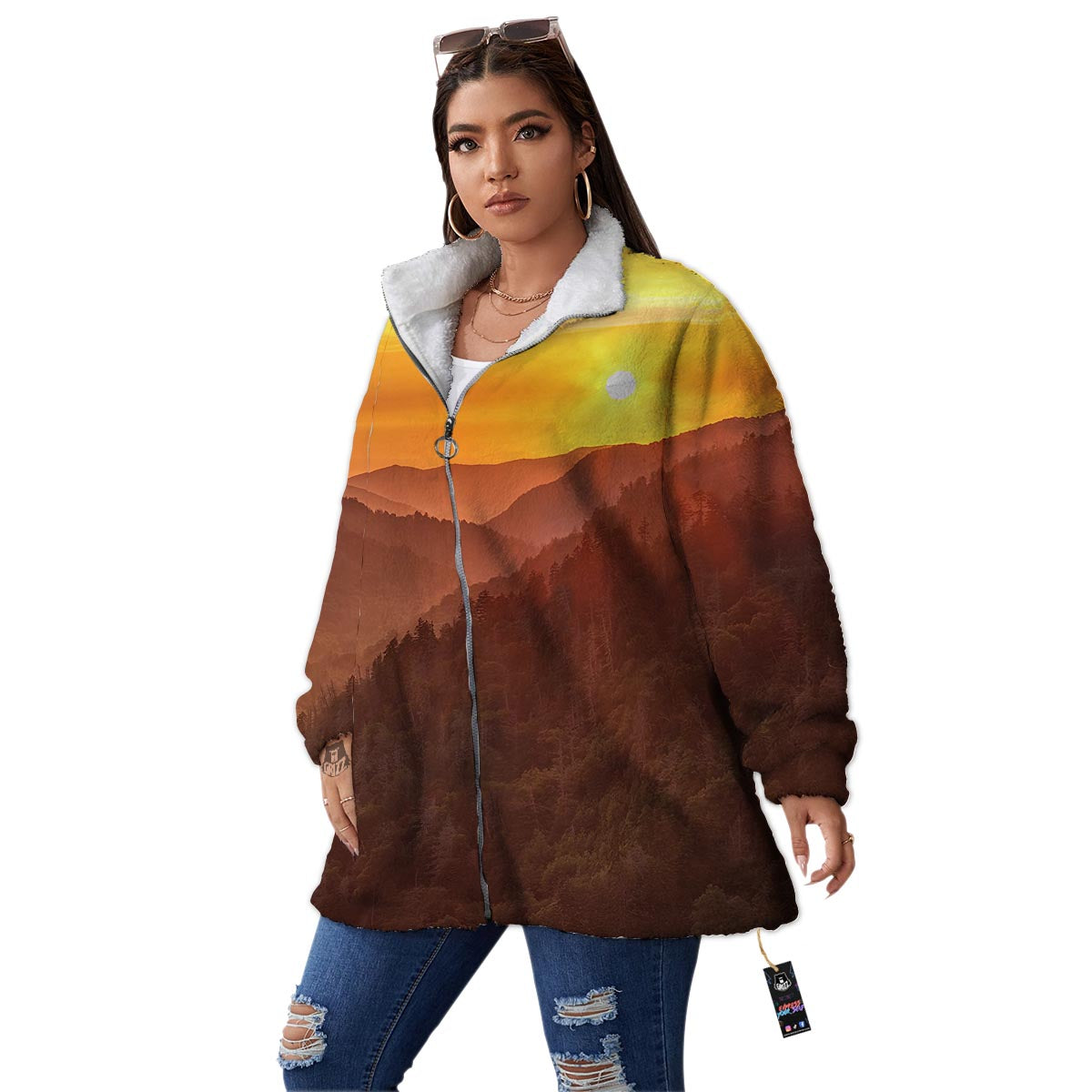 Mountain Sunset Print Women's Sherpa Jacket-grizzshop