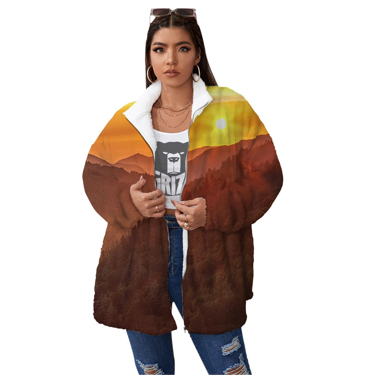 Mountain Sunset Print Women's Sherpa Jacket-grizzshop