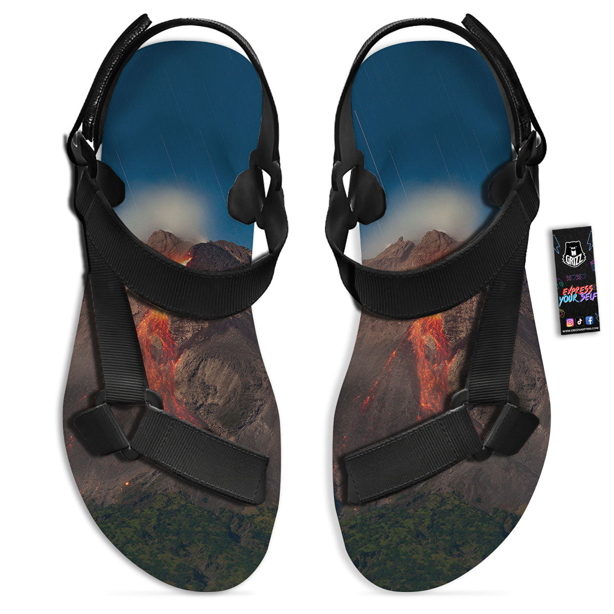 Mountain Volcanic Print Black Open Toe Sandals-grizzshop
