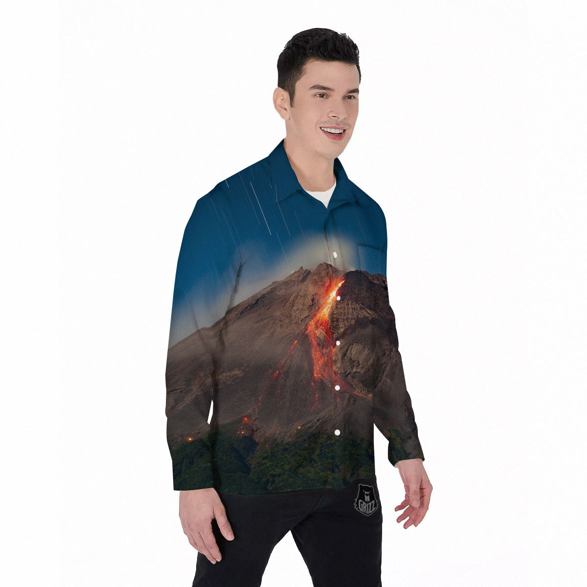 Mountain Volcanic Print Men's Long Sleeve Shirts-grizzshop