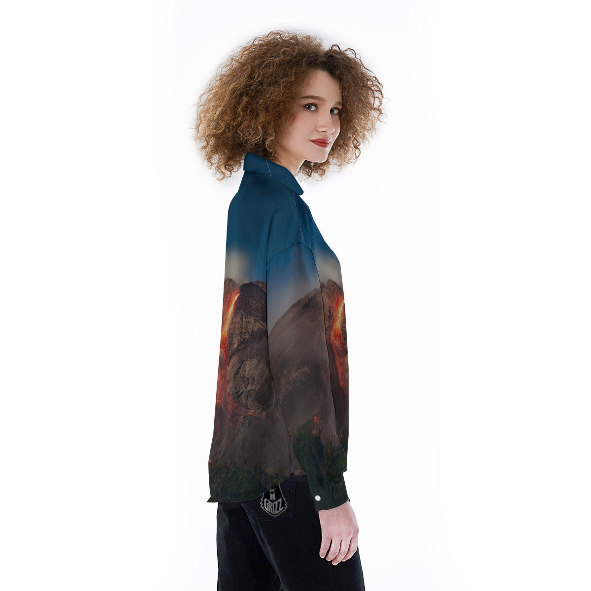 Mountain Volcanic Print Women's Long Sleeve Shirts-grizzshop