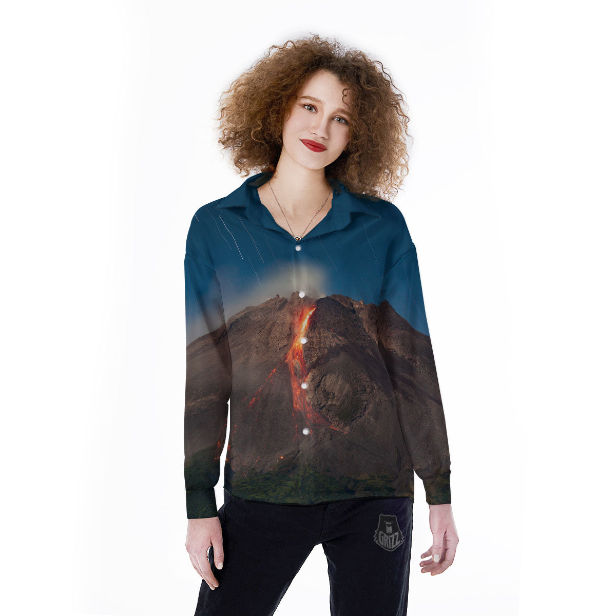 Mountain Volcanic Print Women's Long Sleeve Shirts-grizzshop