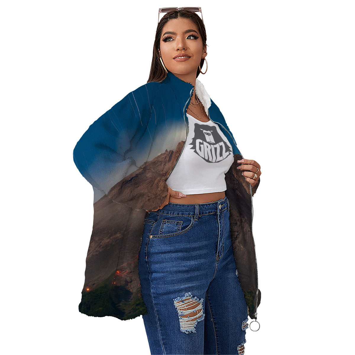 Mountain Volcanic Print Women's Sherpa Jacket-grizzshop