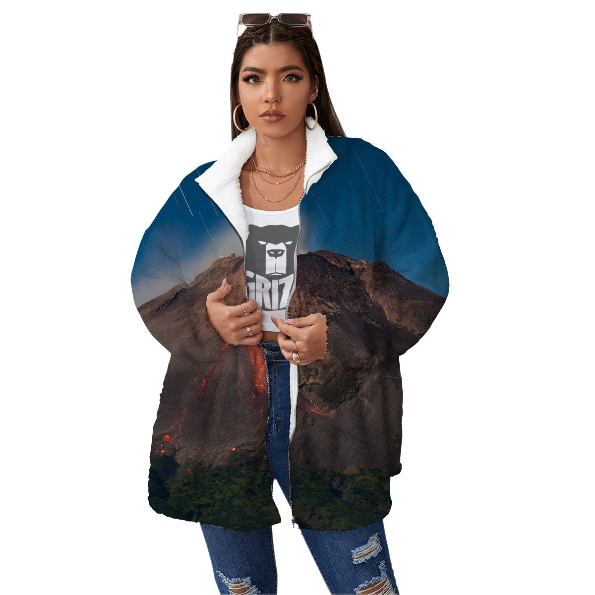 Mountain Volcanic Print Women's Sherpa Jacket-grizzshop