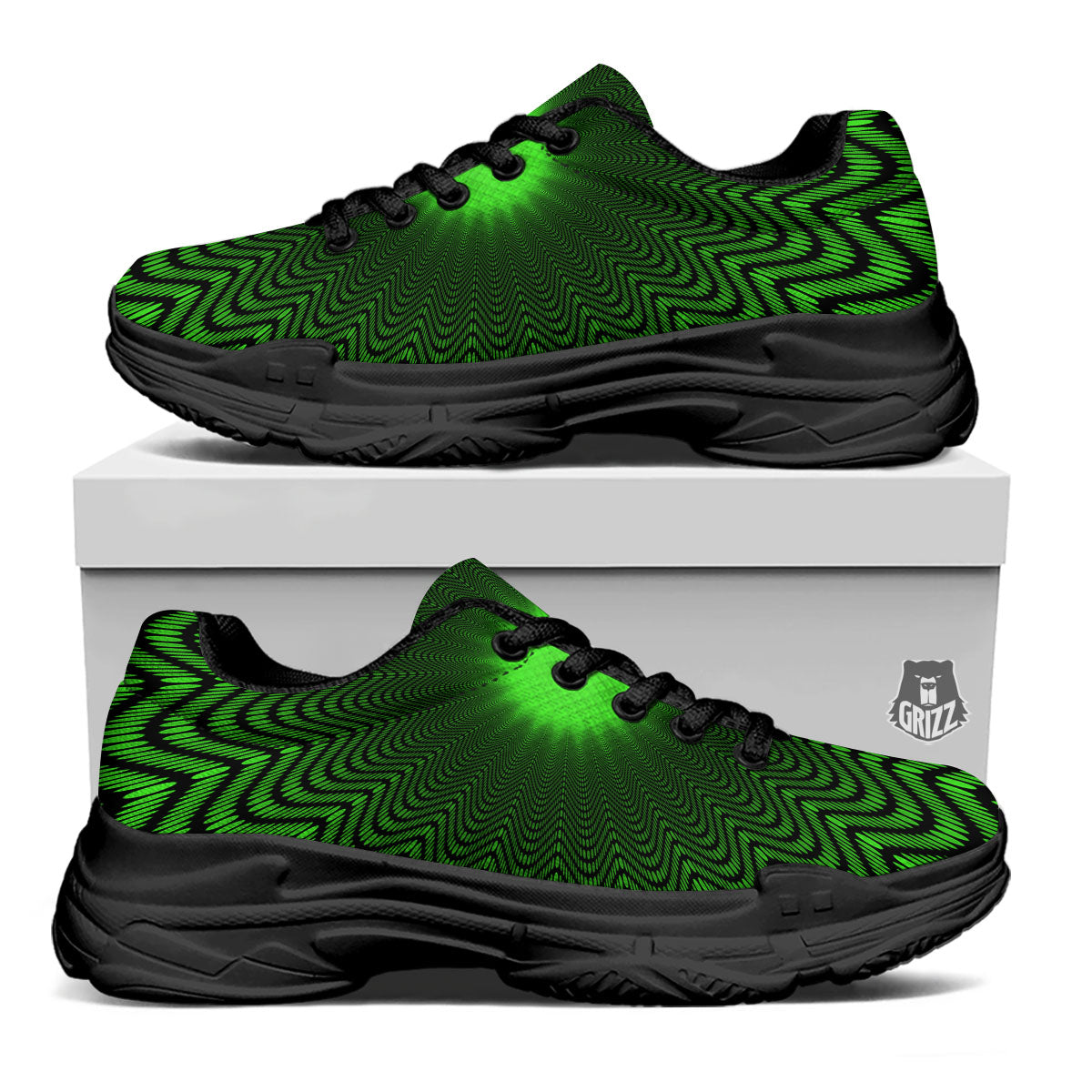 Moving Illusion Optical Green Dizzy Black Chunky Shoes-grizzshop