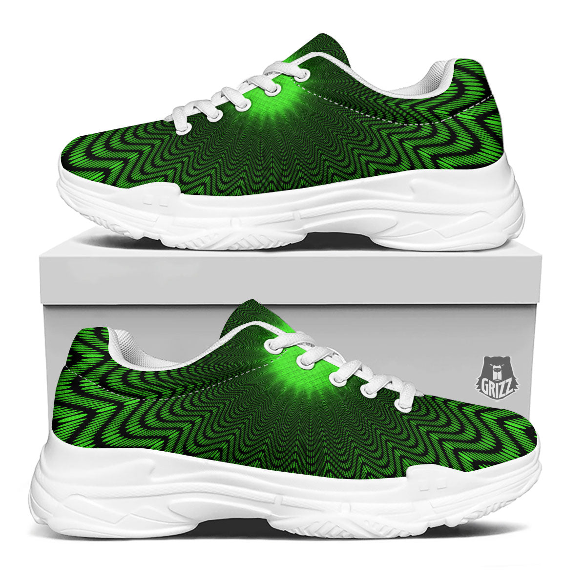 Moving Illusion Optical Green Dizzy White Chunky Shoes-grizzshop
