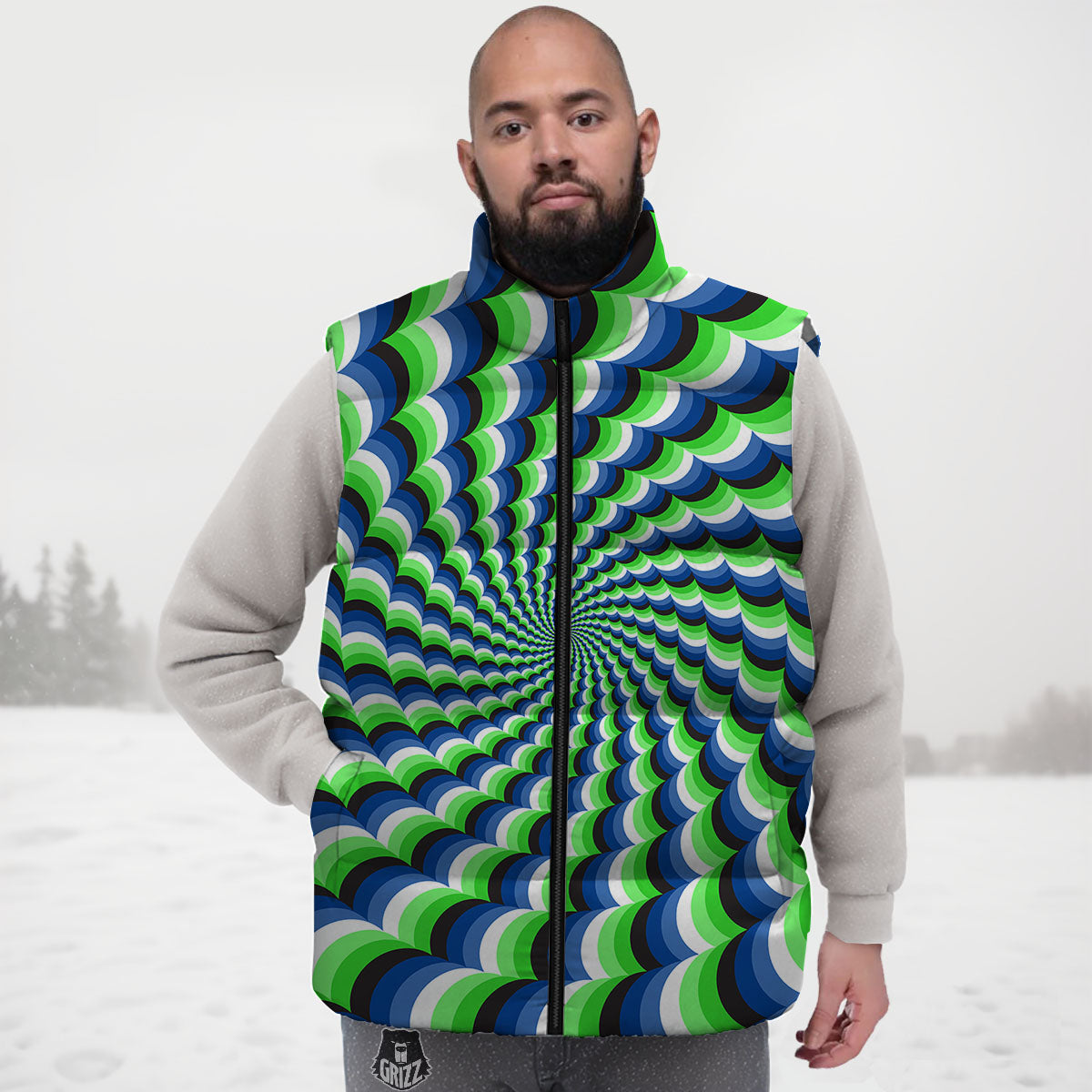 Moving Illusion Optical Green Down Vest-grizzshop