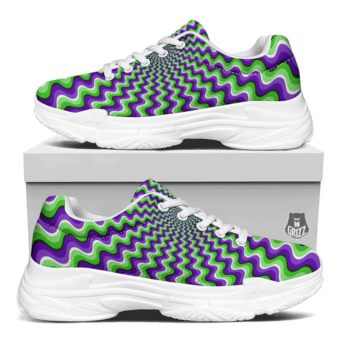 Moving Illusion Optical Green Explosion White Chunky Shoes-grizzshop