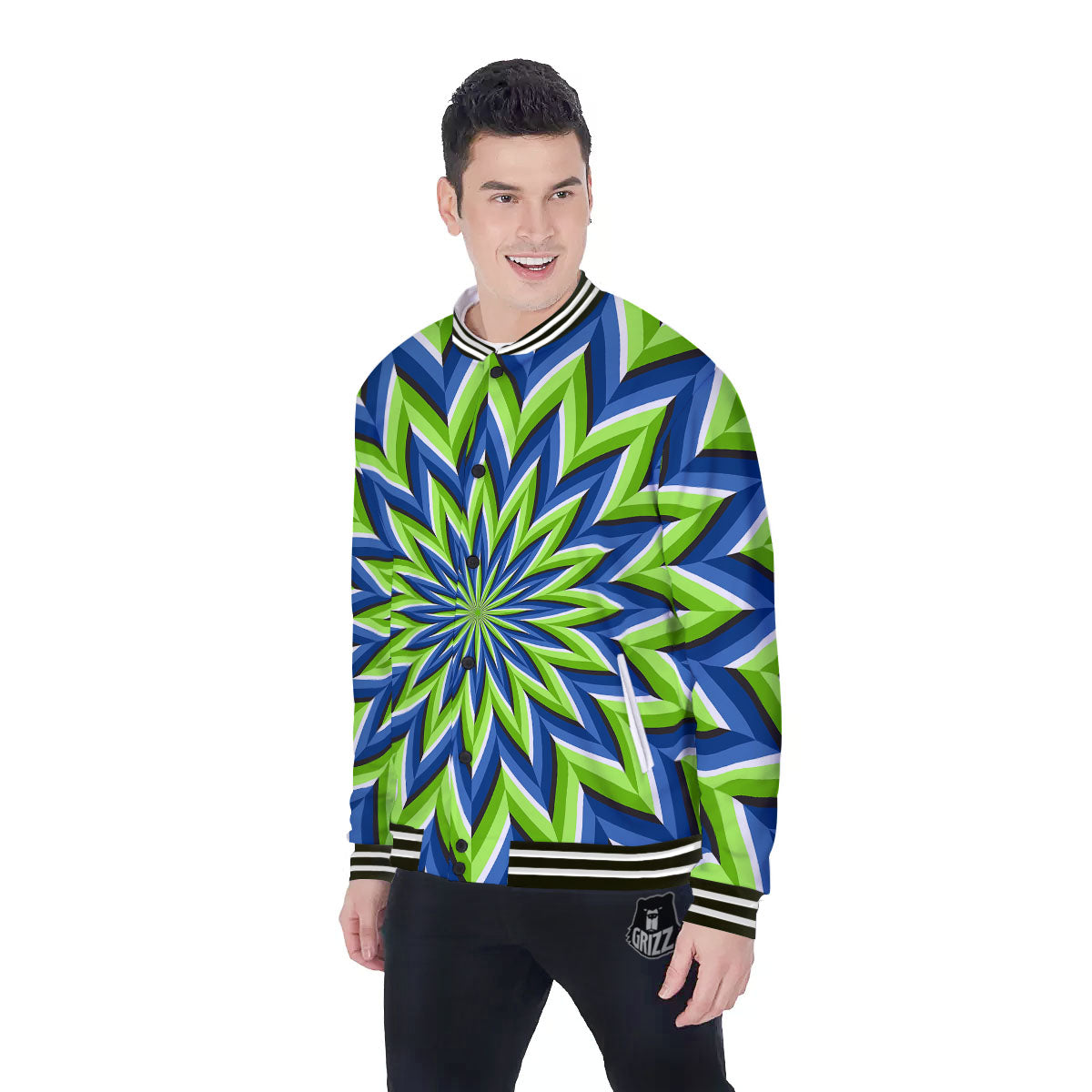 Moving Illusion Optical Green Flower Baseball Jacket-grizzshop