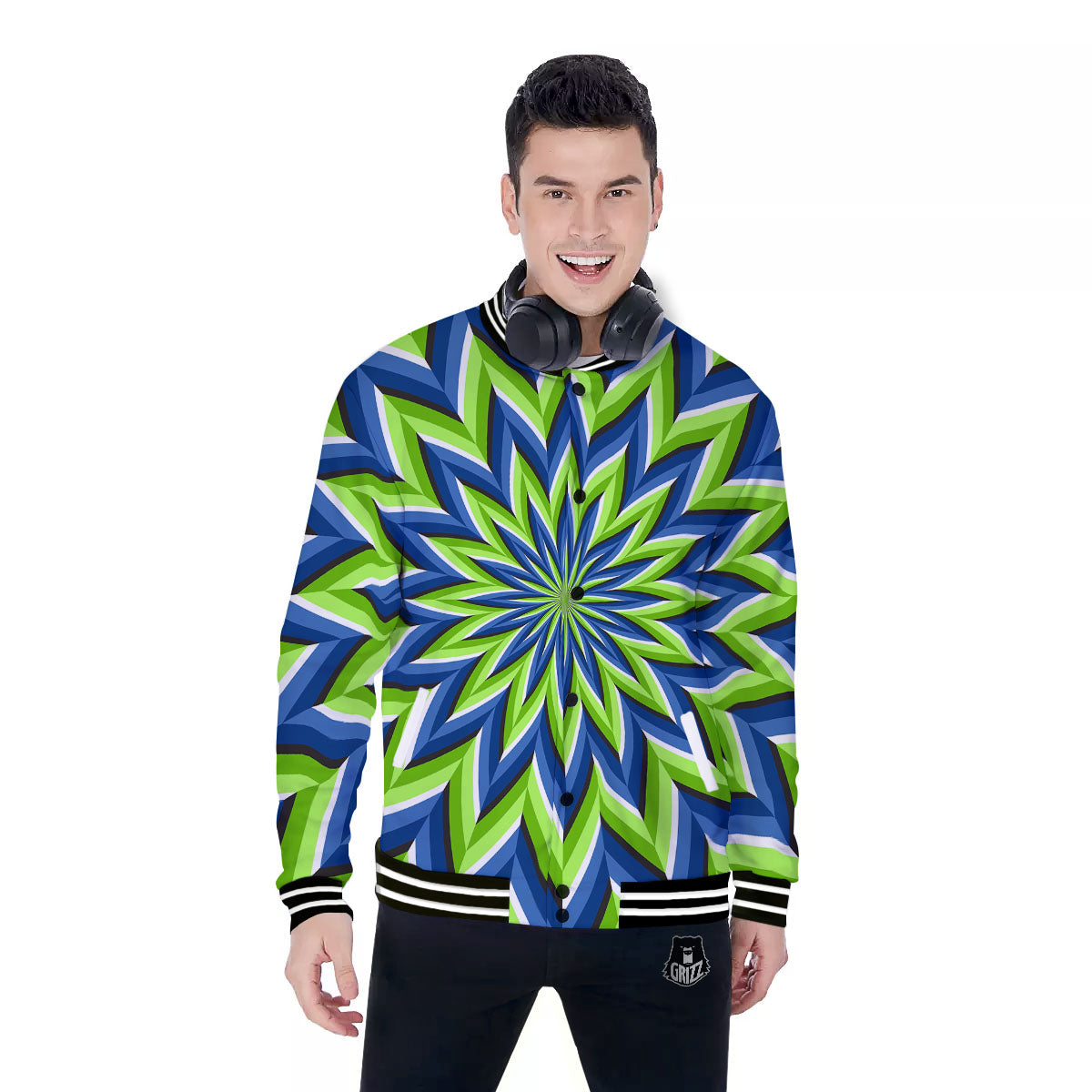 Moving Illusion Optical Green Flower Baseball Jacket-grizzshop