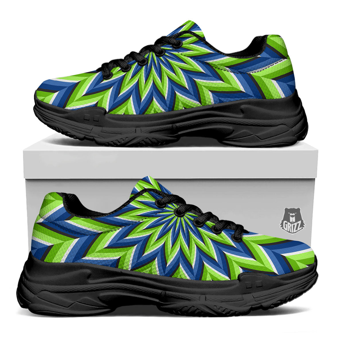 Moving Illusion Optical Green Flower Black Chunky Shoes-grizzshop
